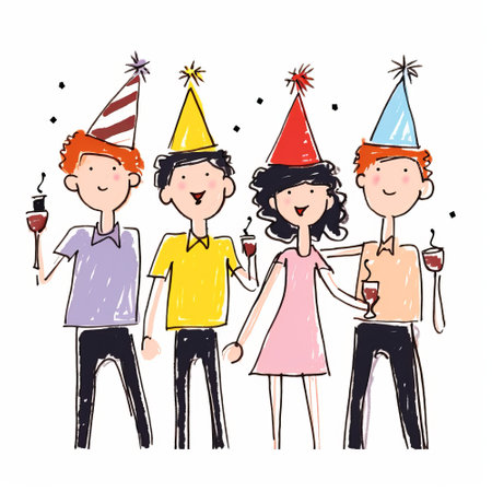 Cute cartoon people celebrating birthday party. Hand drawn vector illustration.の素材