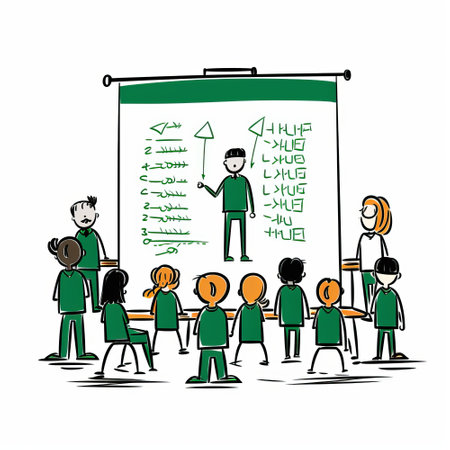 Group of kids and teacher with whiteboard. Vector illustration for your designの素材