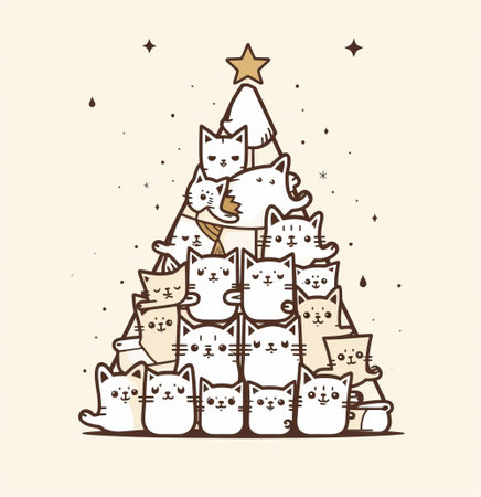 Christmas tree made of cats. Vector illustration in doodle style.の素材