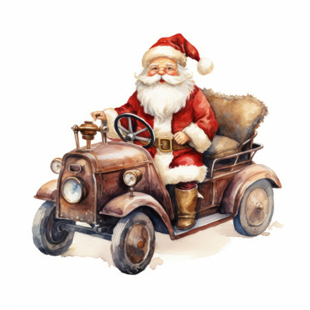 Watercolor illustration of Santa Claus driving a vintage car on white backgroundの素材