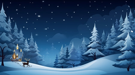Night landscape with christmas tree, deer and moonlight, vector illustrationの素材