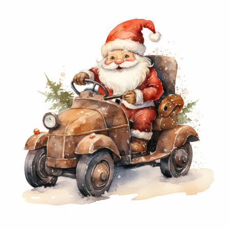 Watercolor Santa Claus driving a toy car. Christmas illustration. Isolated on white background.の素材