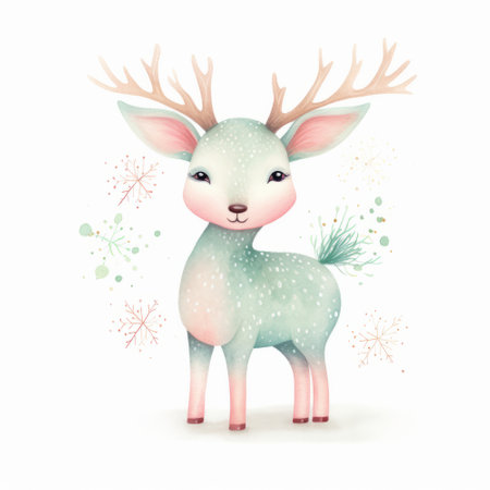 Cute deer with snowflakes. Watercolor hand drawn illustrationの素材