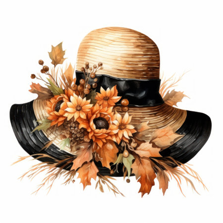 Vintage hat with autumn leaves and flowers, isolated on white backgroundの素材
