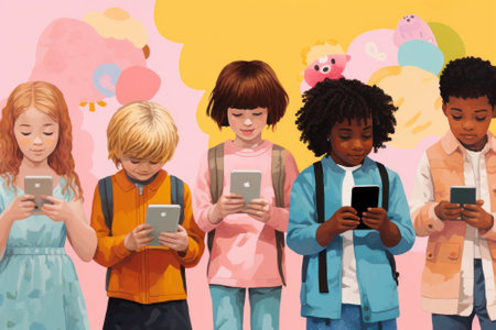 Group of children using mobile phones against pink background with vignetteの素材