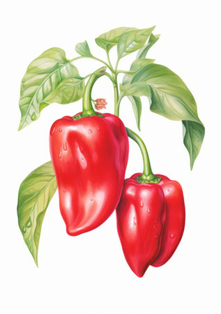 Red peppers with leaves isolated on white background. Watercolor illustration.の素材