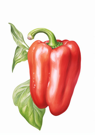 Red bell pepper with leaves isolated on white background. Watercolor illustration.の素材