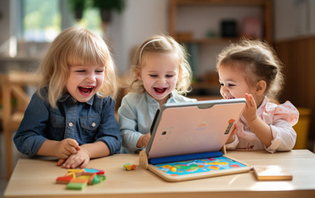 happy kids playing with tablet pc at home or kindergarten. Children having fun togetherの素材