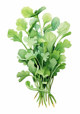 Watercolor illustration of fresh green arugula on a white backgroundの素材
