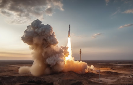 3d rendering of a space rocket taking off from the ground.の素材