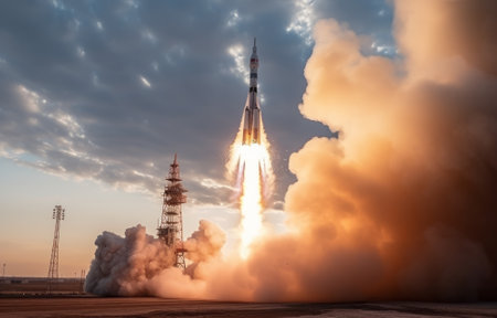 Space rocket takes off from the runway at sunset. 3d renderingの素材