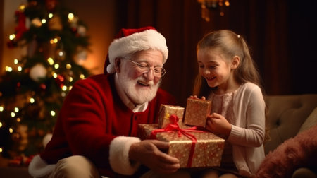 Happy Santa Claus and cute little girl with Christmas presents at home.の素材