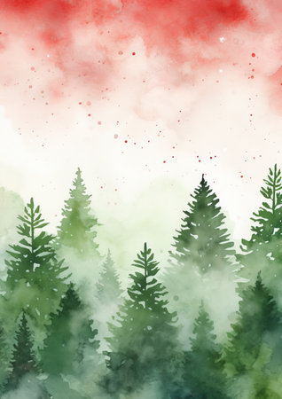 Watercolor landscape with fir trees. Hand drawn illustration for your designの素材