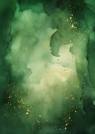 Abstract green watercolor background with gold splashes. Hand drawn illustration.の素材