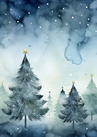Winter landscape with Christmas trees and snowflakes. Watercolor illustration.の素材