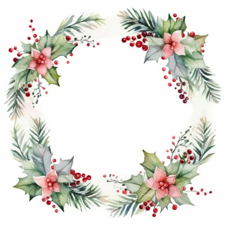 Watercolor Christmas wreath with holly, mistletoe and berriesの素材