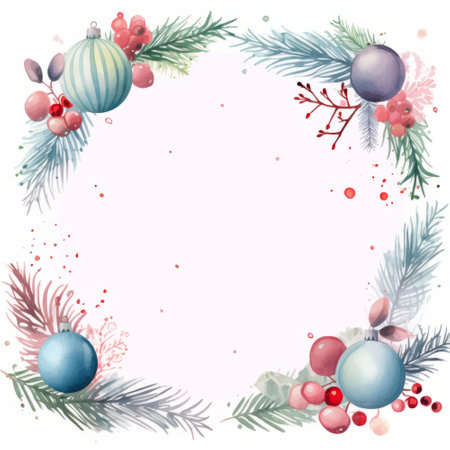 Watercolor Christmas frame with fir branches, berries and balls. Vector illustration.の素材