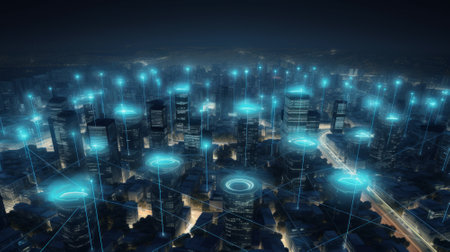 Futuristic cityscape with glowing network connections 3D rendering.の素材