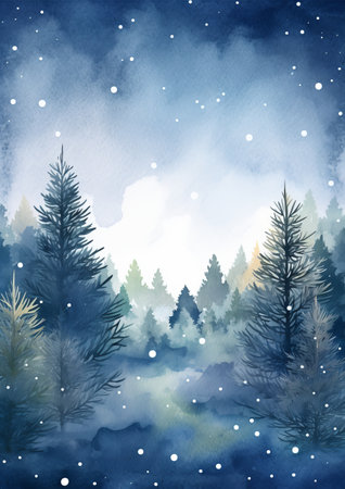 Winter forest with snowflakes. Watercolor hand drawn illustration.の素材