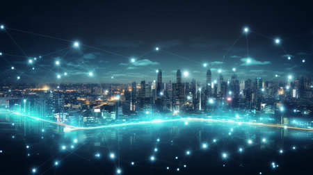 Conceptual background image with connection lines and dots against night cityscapeの素材