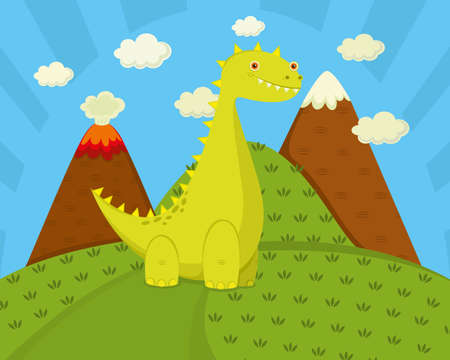 yellow dinosaur on the background of the mountains postcardのイラスト素材