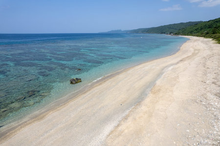 Aerial drone view of the beach at Shashiki, Kunigami-son, Kunigami-gun, Okinawa Islandの写真素材