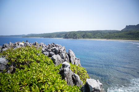 Scenery of the sea at Cape Hendo and Usahama in Hendo, Kunigami-son, Kunigami-gun, Okinawa, photographed on the ground.の写真素材