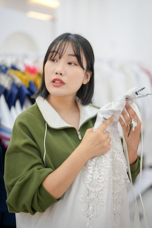 A Korean couple, a man in his 30s and a woman in her 20s, are harmoniously choosing clothes to wear at a hanbok rental shop in Seoul, South Korea.の写真素材