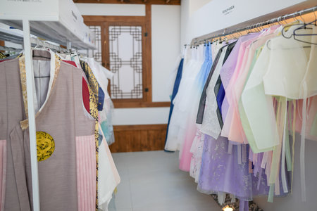 On morning of October 12, 2024, Hanbok rental shop popular on SNS in Bukchon-ro, Jongno District, Seoul, South Korea.のeditorial素材