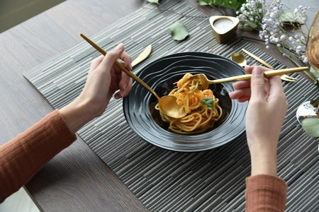 spaghetti on the wooden tableの写真素材