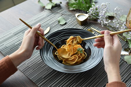 spaghetti on the wooden tableの写真素材