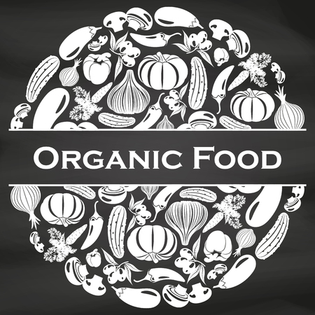 Round emblem of vegetables with text in the centerのイラスト素材