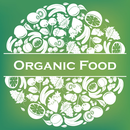 Round emblem of fruits with text in centerのイラスト素材