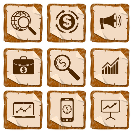 Set of marketing icons on wood squaresのイラスト素材