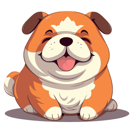 Dog cartoon illustration. Cute friendly fat chubby fawn sitting puppy, smiling with tongue out.のイラスト素材