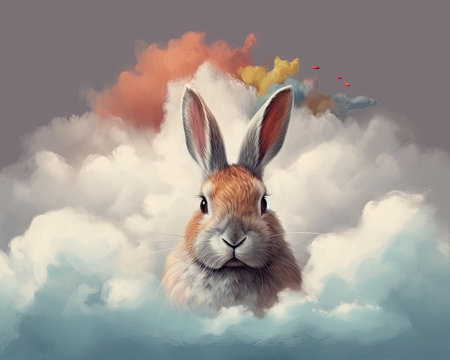 rabbit in the clouds. Easter background. 3D rendering.の素材