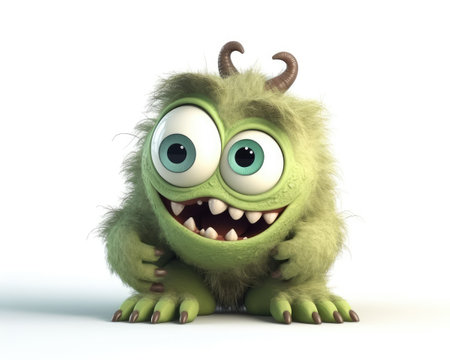 Funny green monster isolated on white background. 3D illustration.の素材