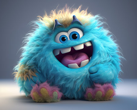 Funny cartoon monster with blue fur. 3d render illustration.の素材