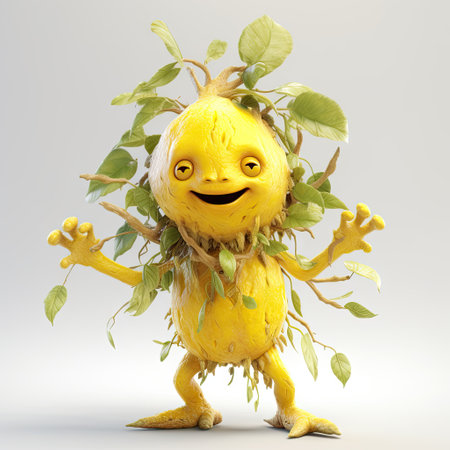 Funny lemon character with leaves on white background. 3D illustration.の素材
