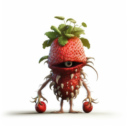 Funny strawberry monster  on white background. 3D illustrationの素材