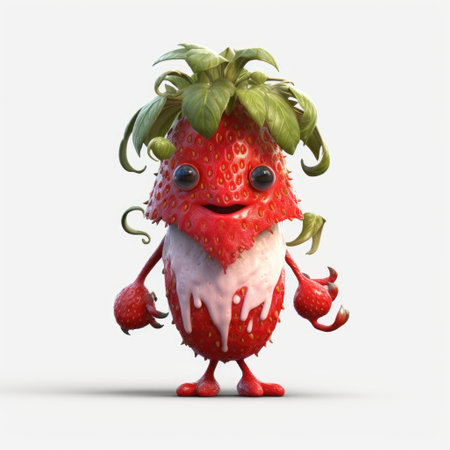 Funny strawberry monster  on white background. 3D illustrationの素材