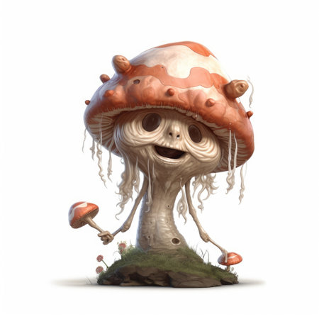 Fantasy mushroom character. 3D illustration isolated on white backgroundの素材