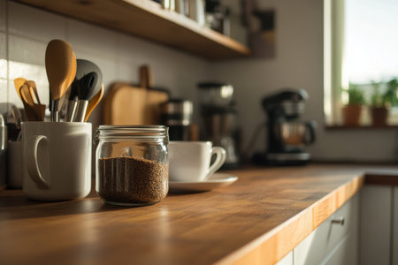 Cozy kitchen scene with coffee, mugs, and utensils on a wooden countertop under soft sunlight, creating a warm and inviting atmosphere.の素材