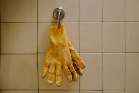 Used yellow rubber cleaning gloves hanging on a metal hook against a tiled wall, tools of sanitation and maintaining cleanliness.の素材