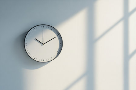Wall clock displaying time with natural light casting shadows. It creates a sense of serene minimalism and a soft, inviting ambiance.の素材