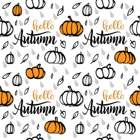 Hand written lettering Autumn with leaves and pumpkins. Pattern for cards, invitations, textile made in vector.のイラスト素材