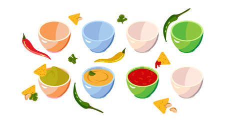 Mexican food, sauce. etnic cuisine traditional dishes. Vector flat style cartoon illustration isolated on white backgroundのイラスト素材