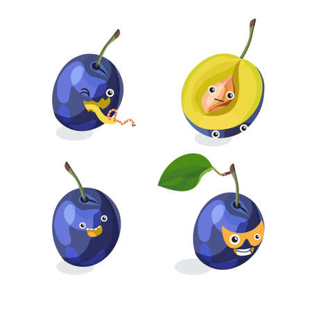 Cute fruits kawaii characters vector set. Plum with face emoticons. Funny stickers, flat cartoon styleのイラスト素材