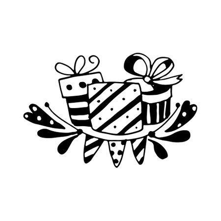 Gift Boxes logo. Doodle handdrawing vector illustartionのイラスト素材