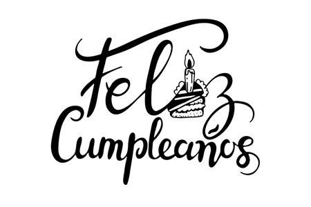 Feliz Cumpleanos, Happy Birthday in spanish language. Handdrawing lettering vector doodle illustrationのイラスト素材